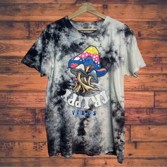Gildan Mushroom Grey Tie Dye "Trippy Vibes" T-Shirt Large - Picture 1 of 9